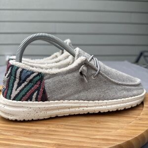 Hey Dude Wendy Funk Wool Grey Aztec Fuzzy Loafers Shoes Womens 6 Boho Faux Fur